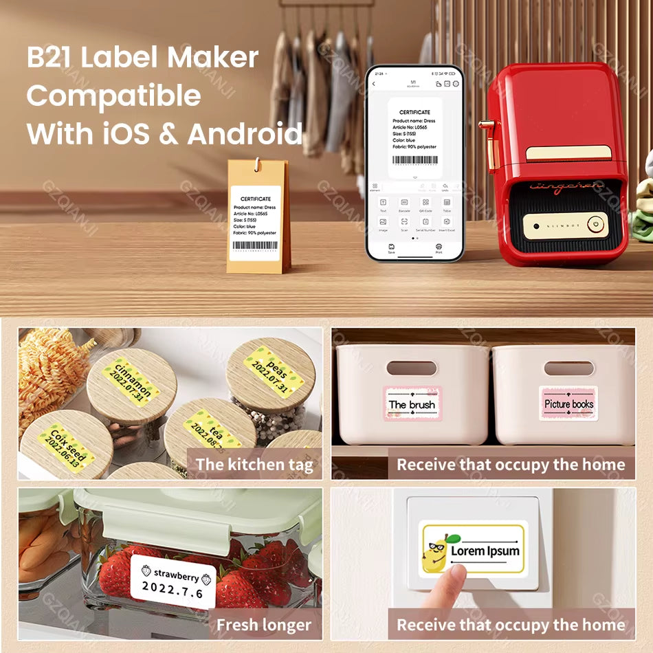 B21 Wireless Thermal Label Printer Mini Portable Barcode Label Maker Moble Phone Price Tag Sticker Machine 20Mm - 50Mm
