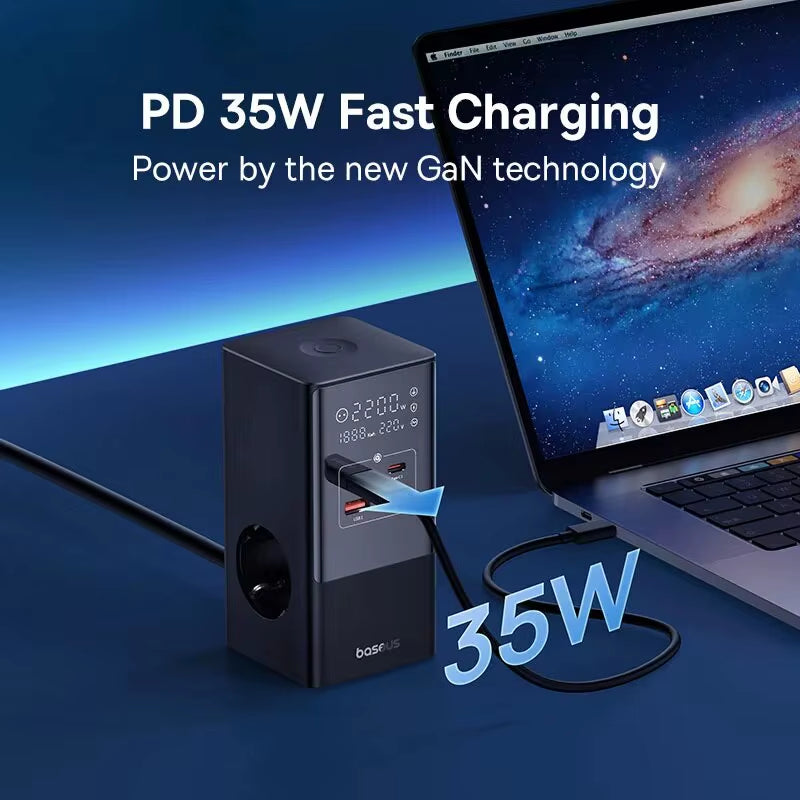 35W Fast Charger 7 in 1 Power Strip Desktop Charging Station with 1200J Surge Protector Digital Display for Iphone Xiaomi
