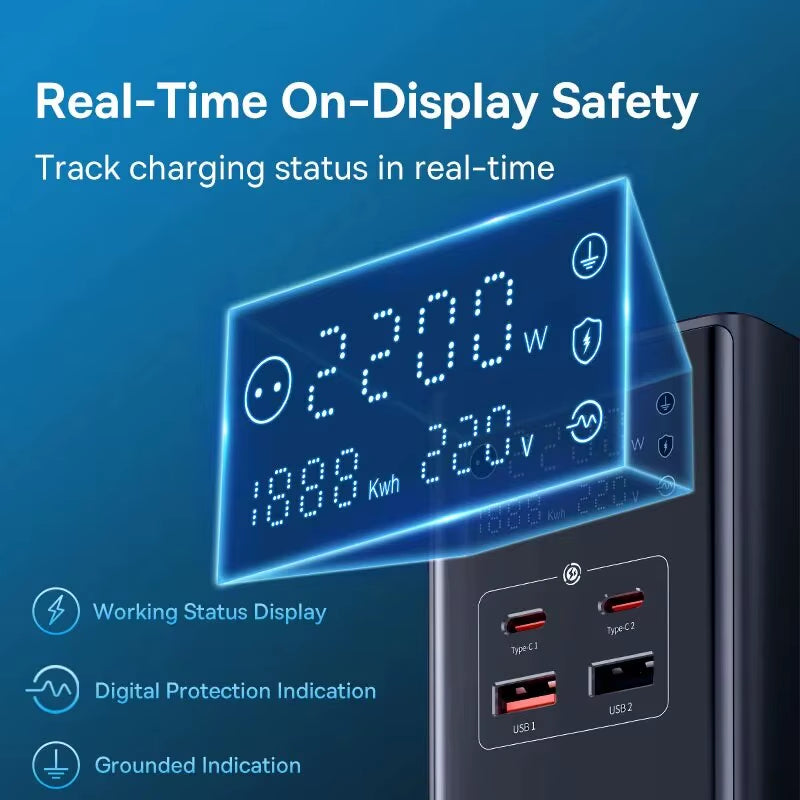 35W Fast Charger 7 in 1 Power Strip Desktop Charging Station with 1200J Surge Protector Digital Display for Iphone Xiaomi