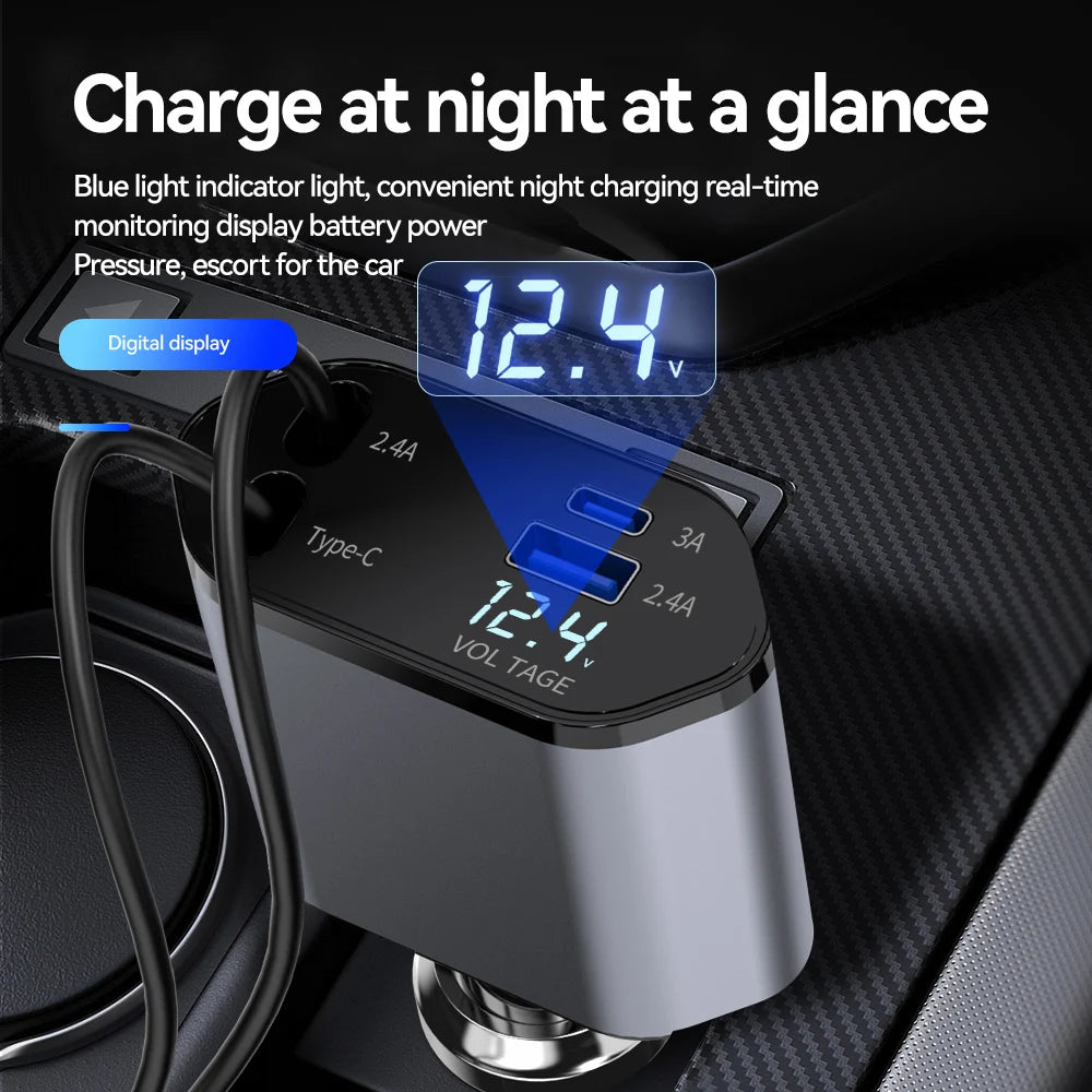 New Arrival 100W 4 in 1 Retractable Car Charger USB Type C Cable for Iphone Samsung Fast Charge Cord Cigarette Lighter Adapter