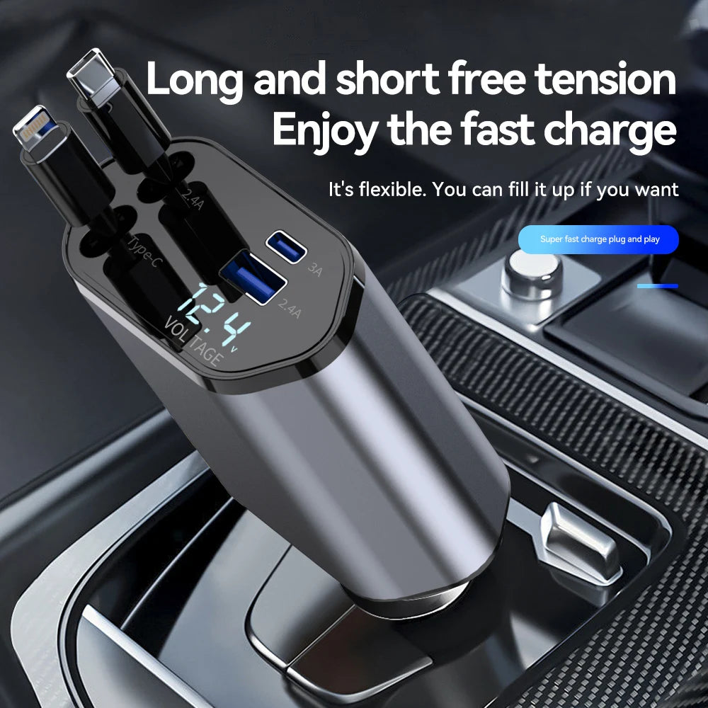 New Arrival 100W 4 in 1 Retractable Car Charger USB Type C Cable for Iphone Samsung Fast Charge Cord Cigarette Lighter Adapter
