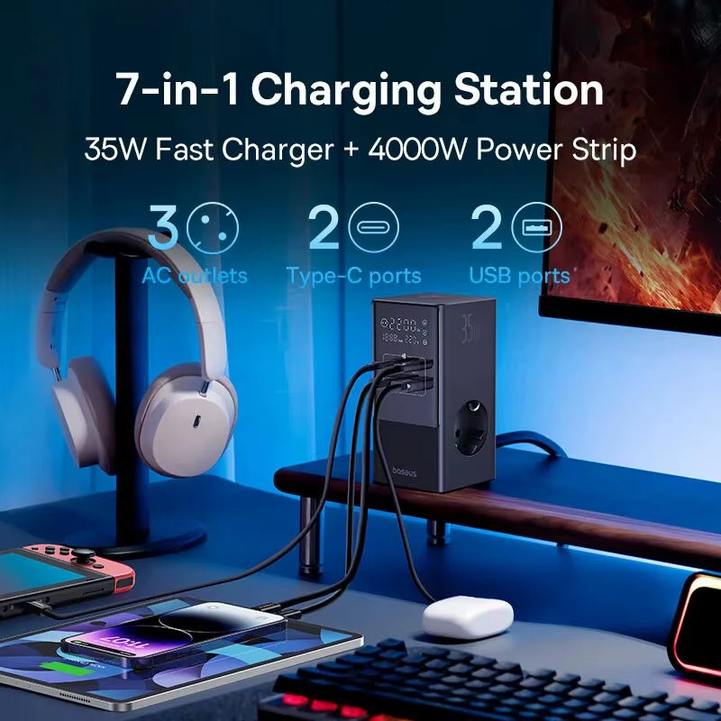 35W Fast Charger 7 in 1 Power Strip Desktop Charging Station with 1200J Surge Protector Digital Display for Iphone Xiaomi