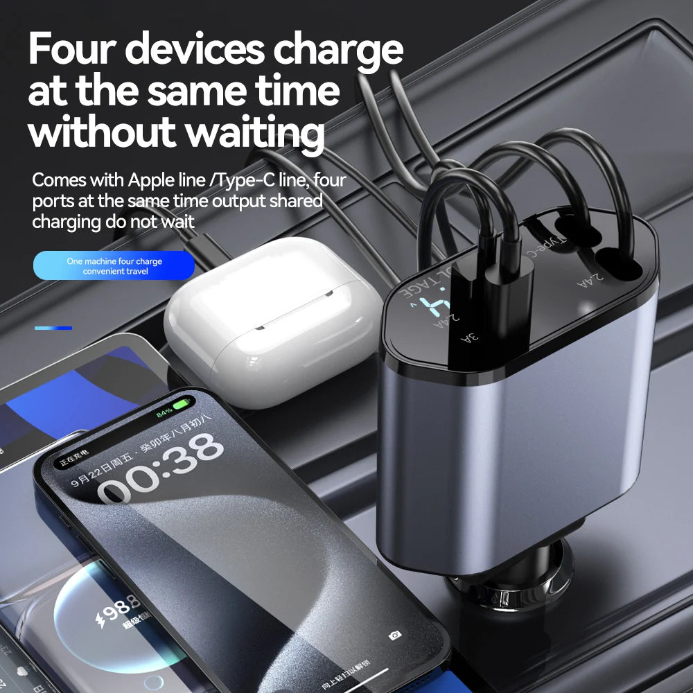 New Arrival 100W 4 in 1 Retractable Car Charger USB Type C Cable for Iphone Samsung Fast Charge Cord Cigarette Lighter Adapter