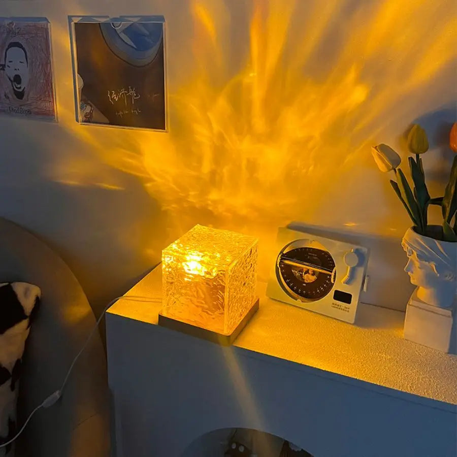 Ocean Wave Aurora Projector Light 16 Colors Dynamic Rotating Flame Crystal Lamp with Remote RGB Dimmable for Living Room Decor