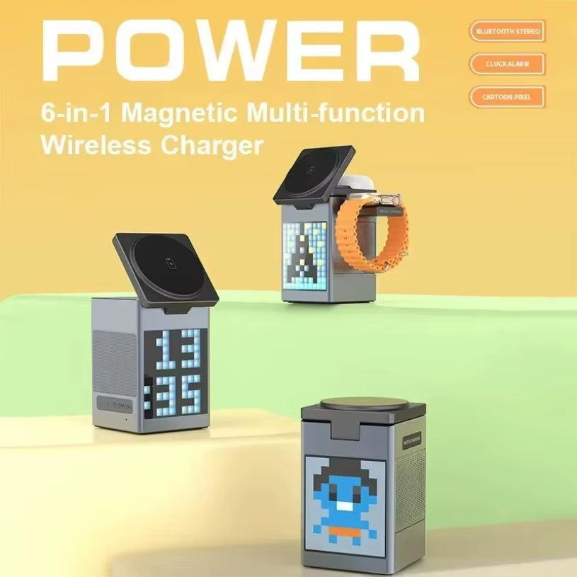 With Bluetooth Speaker Alarm Clock 6 in 1 Magnetic Multi-Function Wireless Charger for Iphone 16 15 Pro Max for Airpods Iwatch