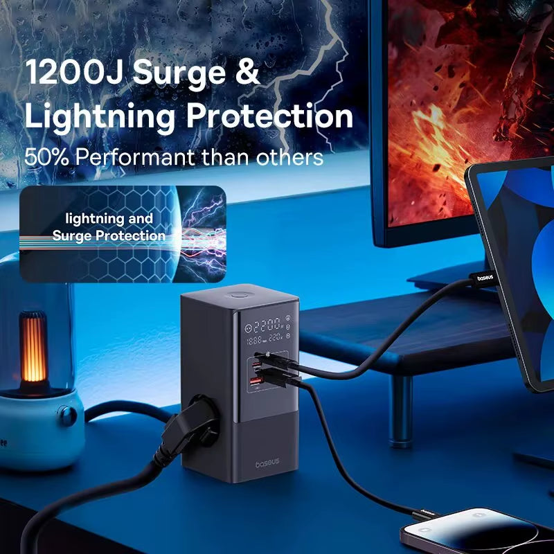 35W Fast Charger 7 in 1 Power Strip Desktop Charging Station with 1200J Surge Protector Digital Display for Iphone Xiaomi