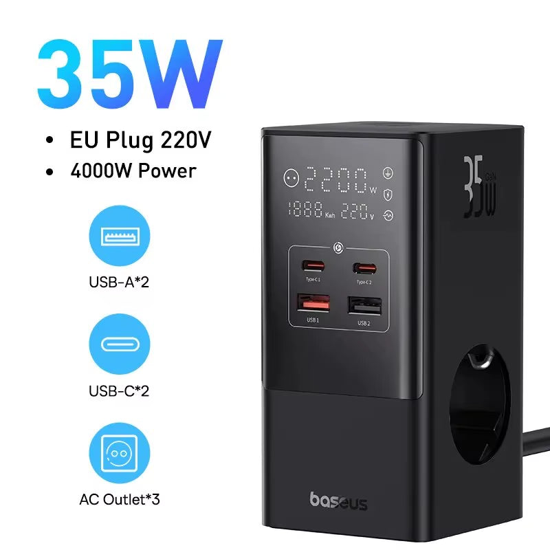 35W Fast Charger 7 in 1 Power Strip Desktop Charging Station with 1200J Surge Protector Digital Display for Iphone Xiaomi