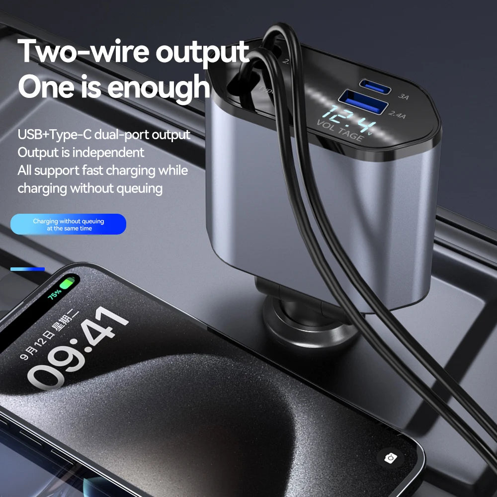New Arrival 100W 4 in 1 Retractable Car Charger USB Type C Cable for Iphone Samsung Fast Charge Cord Cigarette Lighter Adapter
