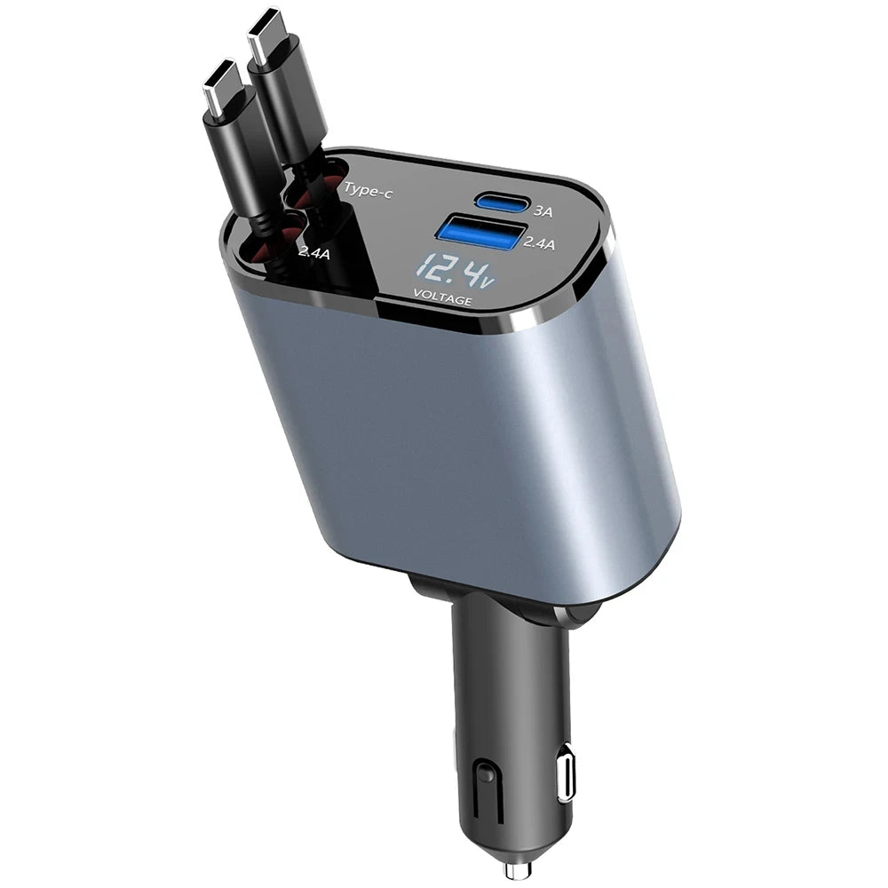 New Arrival 100W 4 in 1 Retractable Car Charger USB Type C Cable for Iphone Samsung Fast Charge Cord Cigarette Lighter Adapter
