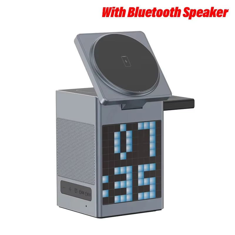 With Bluetooth Speaker Alarm Clock 6 in 1 Magnetic Multi-Function Wireless Charger for Iphone 16 15 Pro Max for Airpods Iwatch