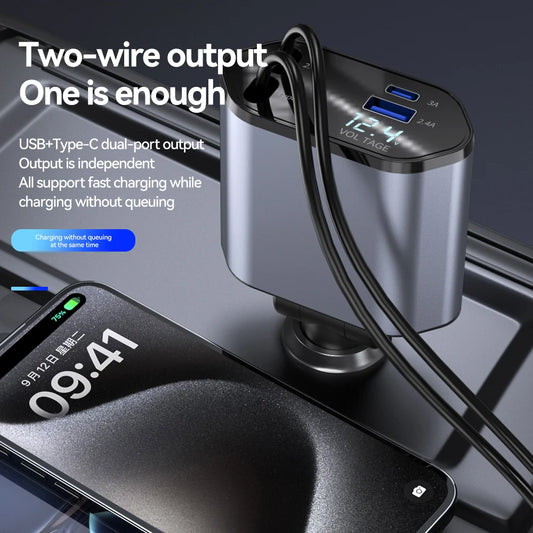 New Arrival 100W 4 in 1 Retractable Car Charger USB Type C Cable for Iphone Samsung Fast Charge Cord Cigarette Lighter Adapter